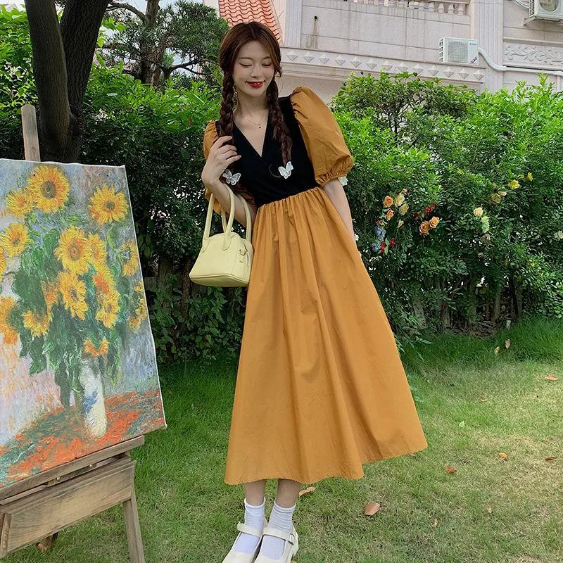 Women's Summer Dress V-neck Puff Sleeves Solid Color Slim Over The Knee Midi Skirt