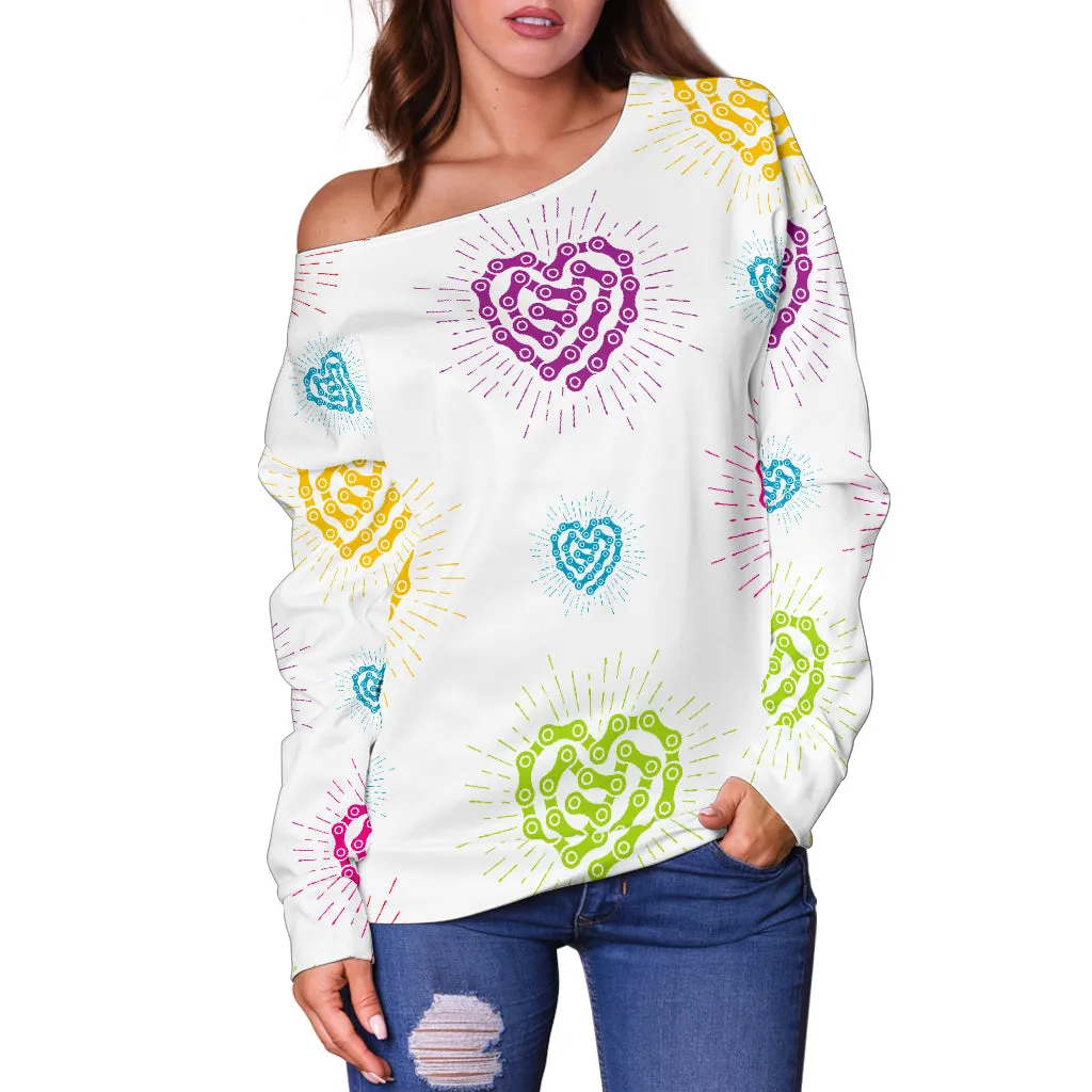 Women's White Chain Heart Off Shoulder Sweater