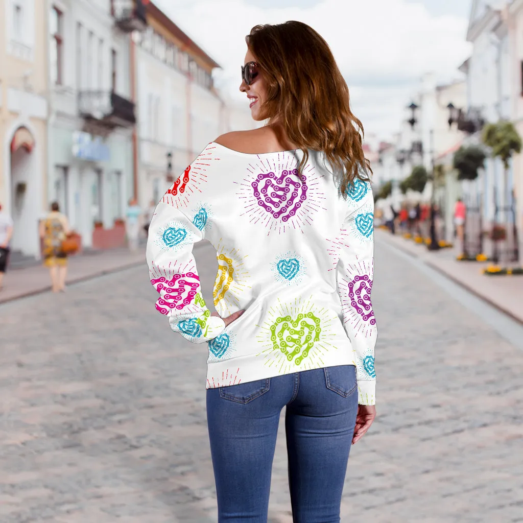 Women's White Chain Heart Off Shoulder Sweater