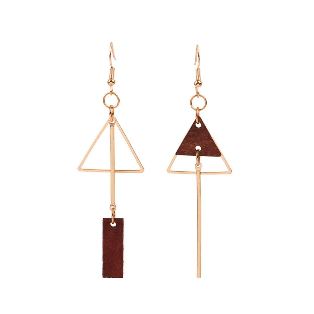 Wood & 18K Gold-Plated Openwork Triangle Asymmetrical Drop Earrings