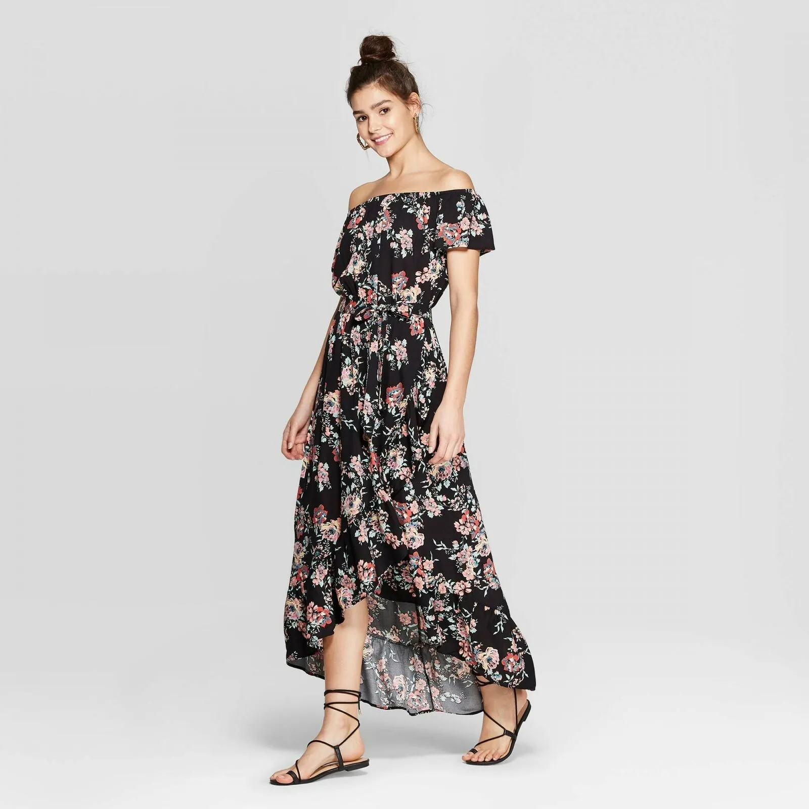 Xhilaration Women's Floral Print Off The Shoulder High-Low Hem Maxi Dress