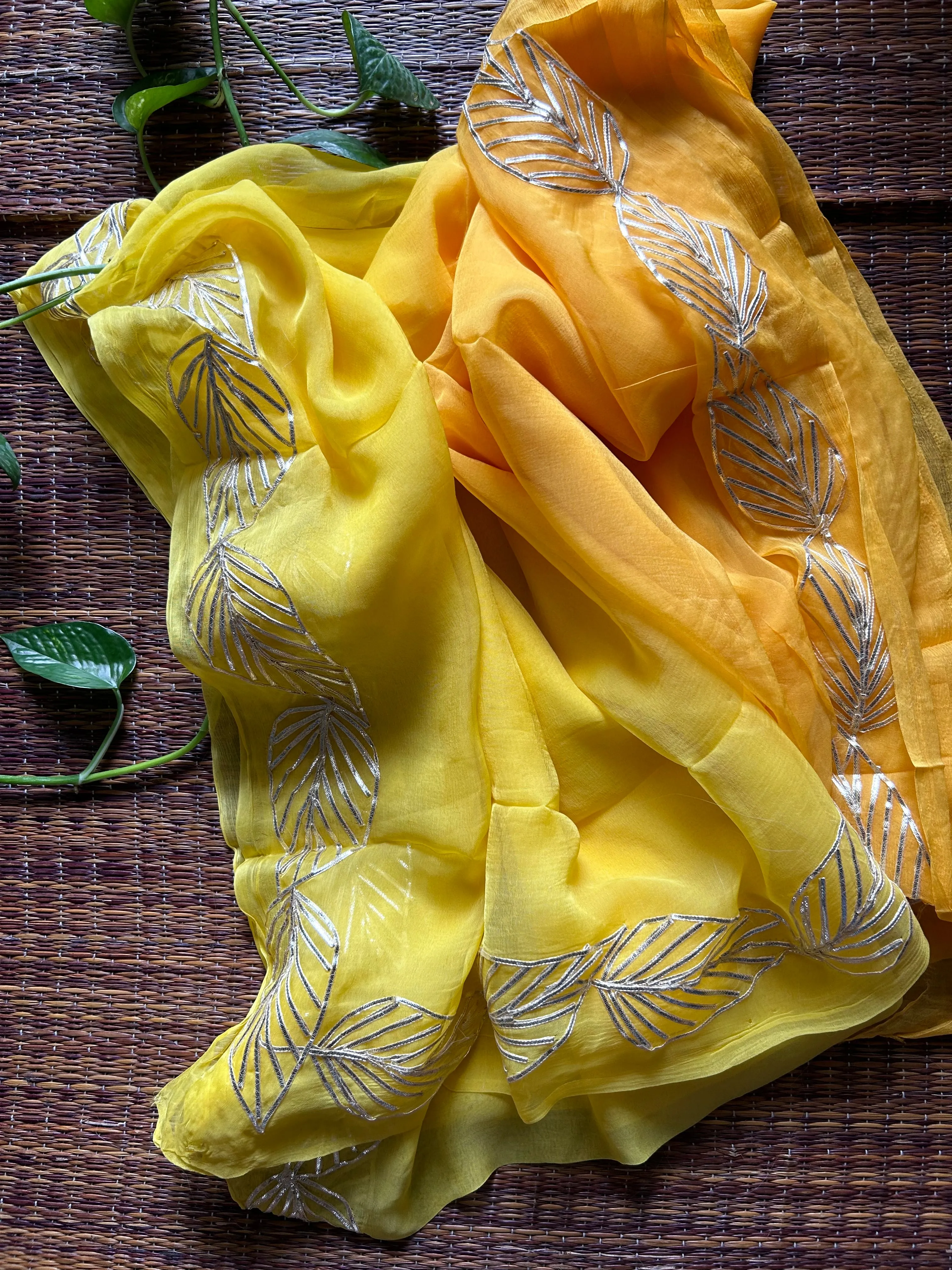 Yellow Orange Pure Chiffon Saree In Gota Patti