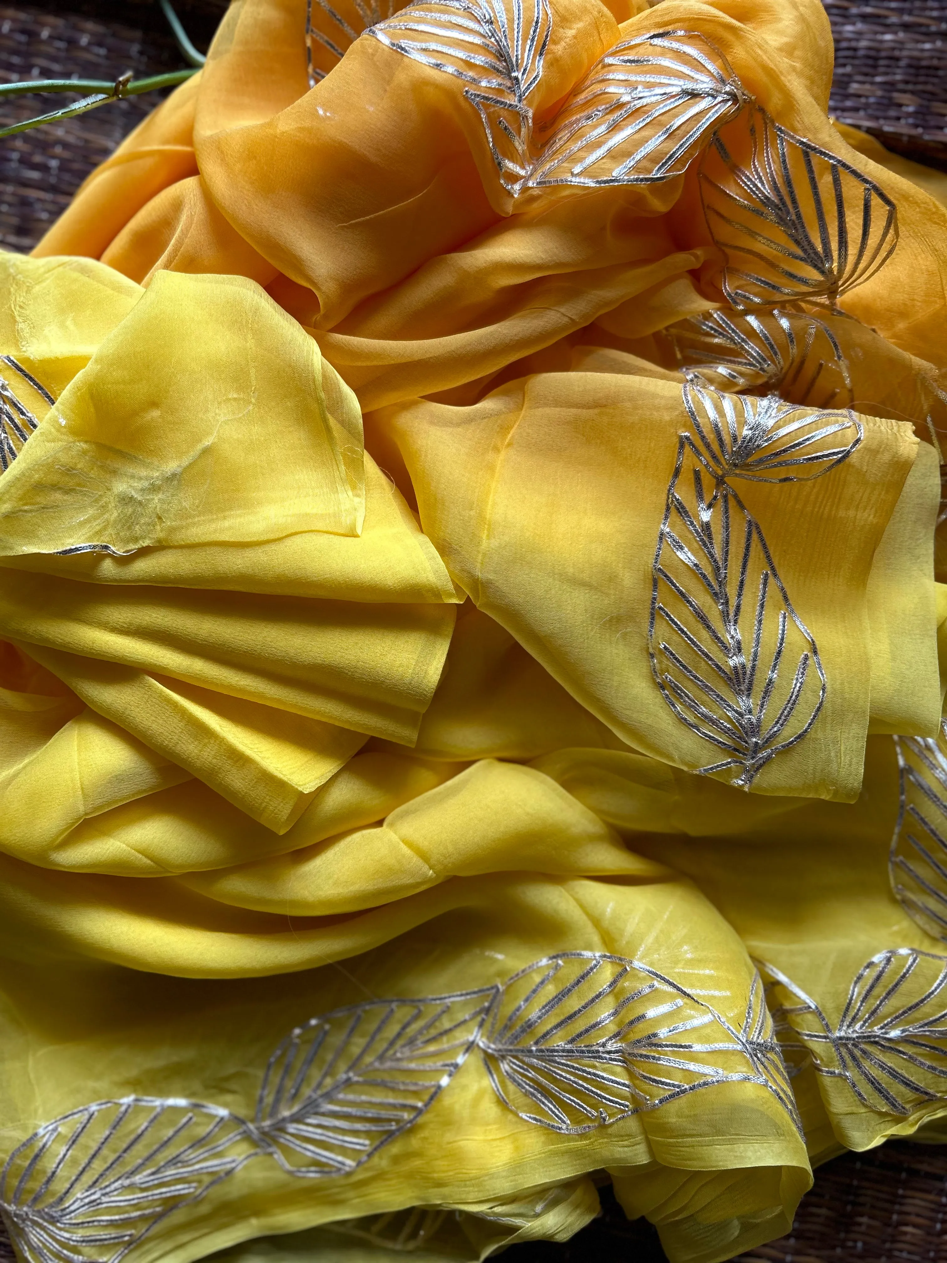 Yellow Orange Pure Chiffon Saree In Gota Patti