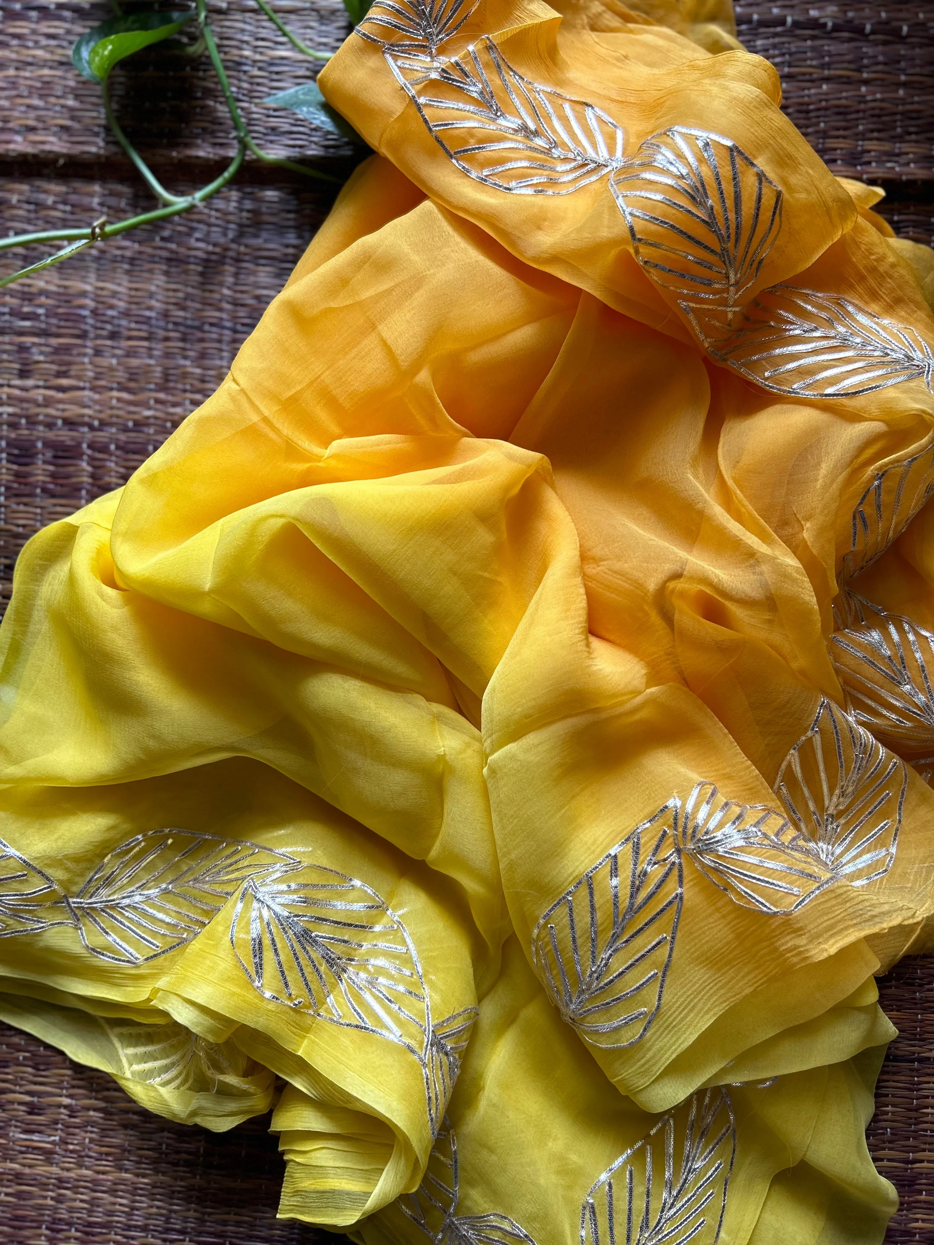 Yellow Orange Pure Chiffon Saree In Gota Patti