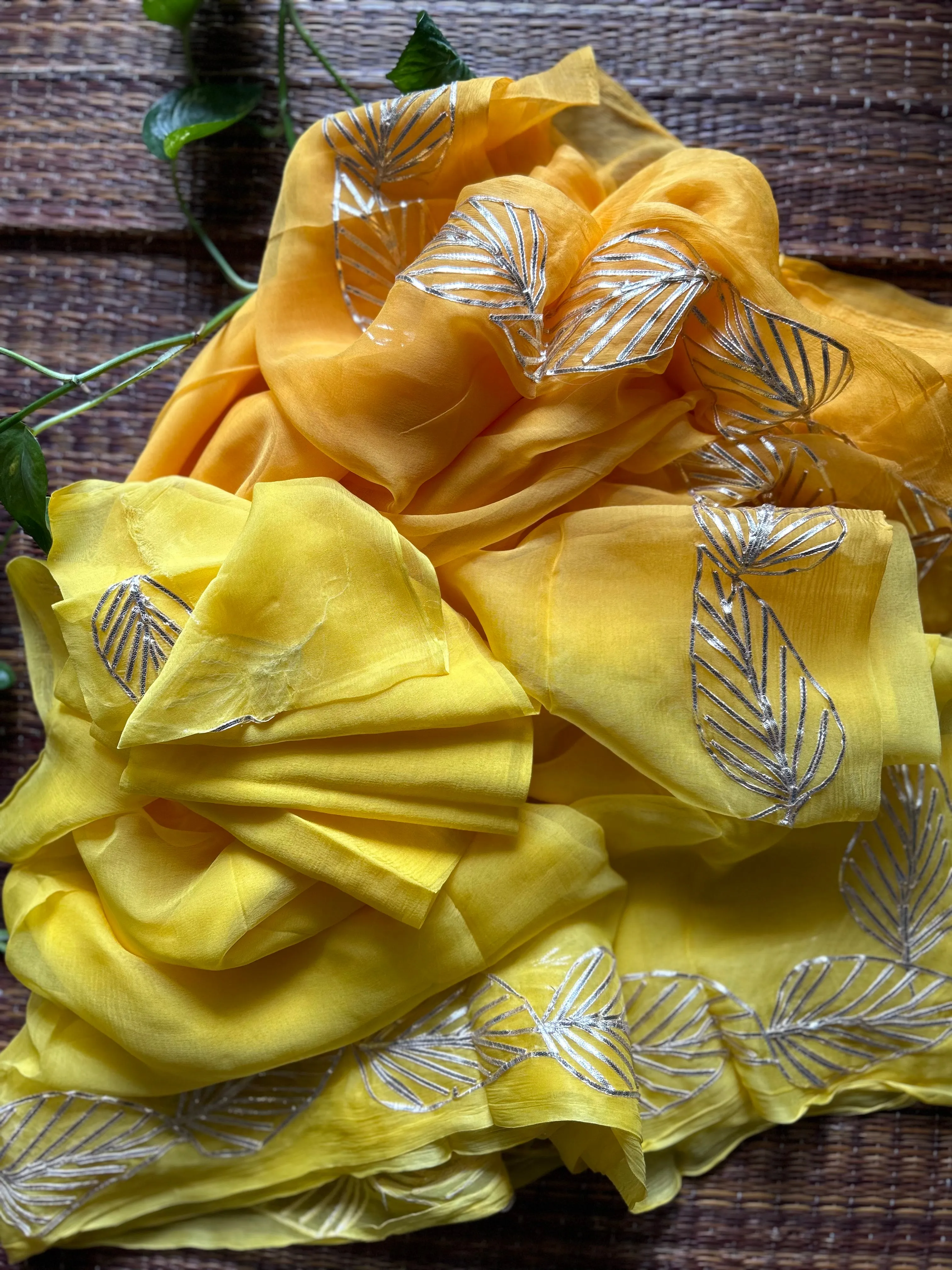 Yellow Orange Pure Chiffon Saree In Gota Patti